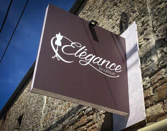 Une enseigne drapeau lumineuse réalisée pour Élégance Boutique, intégrant un design raffiné, un éclairage LED efficace et une finition matte.
