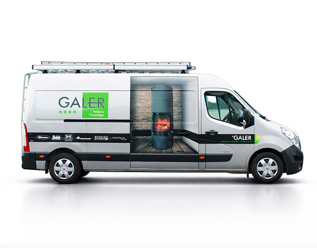 lettrage véhicule galer avec visuel poêle trompe l’œil